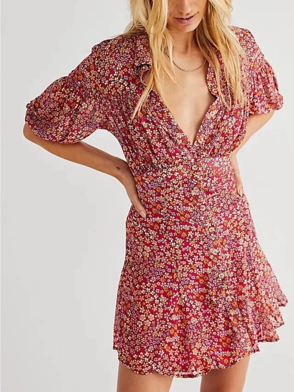 Free People Bonnie Strawberry Red Boho Floral Mini Dress. Size Large